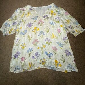 Rachel Zoe White Floral V-Neck Puff Sleeve Blouse